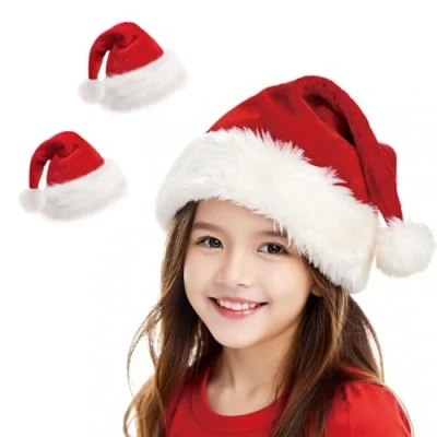 Image of BSVI Christmas Hat, Red Velvet Santa hat Comfort Extra Thicken Classic Fur Holiday Xmas for Kids New Year Party Supplies (Kids 2 pcs)