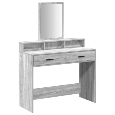 Image of vidaXL Grey Sonoma Vanity Table Modern Engineered Wood Dresser with Mirror and Storage Drawers for Bedroom