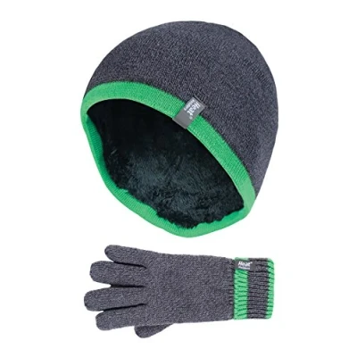 Image of HEAT HOLDERS Children Boys Winter Warm Fleece Lined Insulated Knit Turn Over Cuff Ribbed Hat and Gloves Set (7 10 Years, CG1P8)