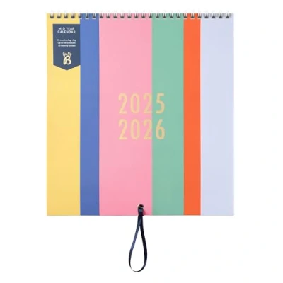 Image of Busy B Family Wall Calendar Mid Year Aug &#039;25 &#039;26 Multi Stripe Design For Families with 5 Columns, Storage Pockets, Ribbon Hanging Loop &amp; Colour Coded Stickers 25.5 x 23.5cm