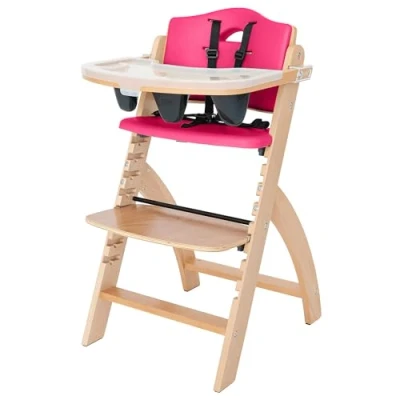 Image of Abiie Beyond Junior Wooden High Chair with Tray Convertible Baby Highchair Adjustable for Babies/Toddlers/6 Months up to 250 Lbs Stain &amp; Water Resistant Mahogany Wood/Cream Cushion