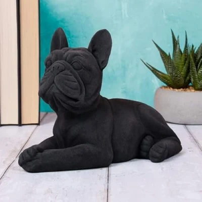 Image of Black Velvet French Bulldog Laying Ornament Dog Puppy Velveteen Figurine