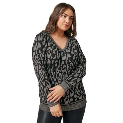 Image of EVANS Curve Leopard Print Metallic Knitted Jumper Women&#039;s Plus Size Black