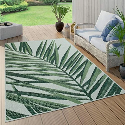 Image of Paco Home Outdoor Rug For Garden Area Living Room Kitchen Palm Leaves Pattern Jungle Floral Aztec Pattern, Size:160x230 cm, Colour:Green 4