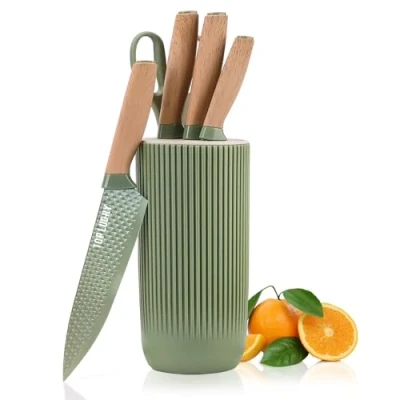 Image of AVEKI Chef Knife Set with Block, 6 Piece Kitchen Knives Sharp Blades, Professional Ergonomic Handle, Non stick Stainless Steel Block (Green)