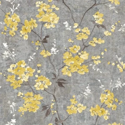 Image of Grandeco Paul Moneypenny Ochre Anethe Blossom Trail Textured Charcoal Wallpaper