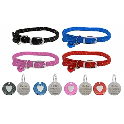 Image of Reflective Softweave Cat/Kitten Pet Collar with Safety Elastic, Bell &amp; Personalised Engraved Heart Tag (Red)