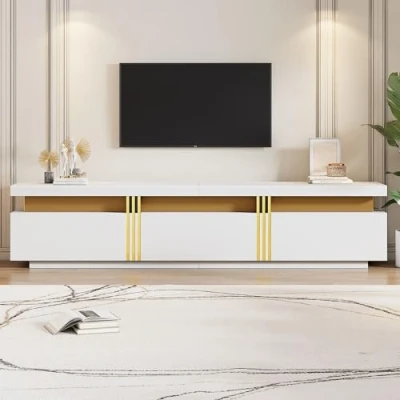 Image of Merax TV Stand Cabinet for Televisions Up to 89 inch, Modern Unit with 3 Drawers, Golden Panel Design Cabinet, Faux Marble Top, Practical Living Room and Bedroom, White