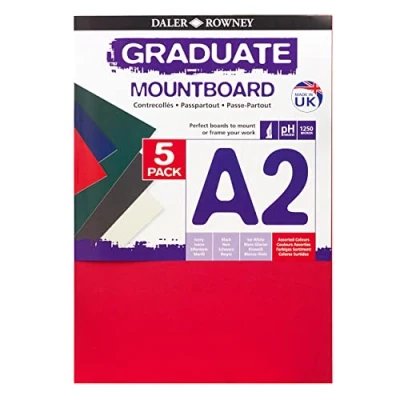 Image of Daler Rowney Graduate 1.25mm Thick A2 Cream Core Mountboard with a Smooth Surface Pack, 5 Assorted Colour Boards, Ideal for Students and Displays