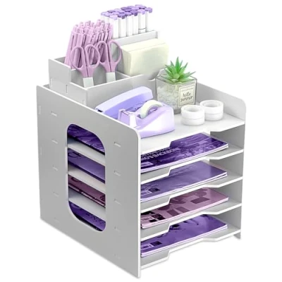 Image of Letter Tray Organiser, A4 Paper Filing Trays, 5 Tier Office File Tray, Desk Tidy Organizer with Stackable Pen Holder (White)