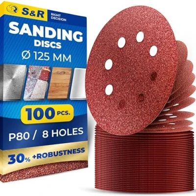 Image of S&amp;R 125 mm Sanding Disc Set, 8 Hole, 100 Pcs. P80 Grit, Hook and Loop Discs for Orbital Sanders