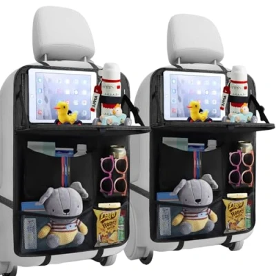 Image of Car Seat Organiser Back Kick Protector Mats With Food Tray Touch Screen Tablet Holder Storage Pockets Sunglass Organizer Waterproof Cars Seats for Kids, Black/2 Pack