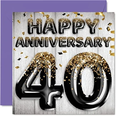 Image of Awesome Ruby Anniversary Card for Husband Boyfriend Wife Girlfriend Black Gold Glitter Balloons Happy 40th Cards from Family, 145mm x Greeting Fortieth Anniversaries