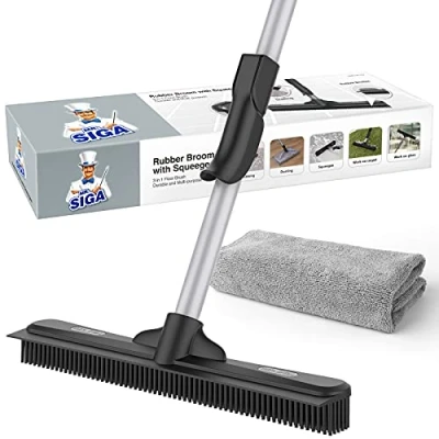 Image of MR.SIGA Pet Hair Removal Rubber Broom with Built in Squeegee, 3 1 Floor Brush for Carpet, 61 inch Adjustable Handle, includes Microfiber Cloth Dusting