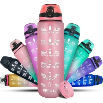 Image of K MART Water Bottle 1L Sports with Motivational Time Marker, Dishwasher Safe Leak proof Drink BPA Free Non Toxic for Running,cycling, Gym, School &amp; Office (Pink)