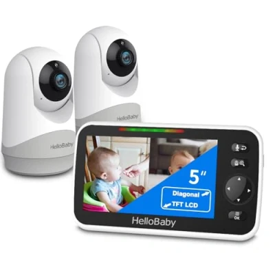 Image of HelloBaby Video Baby Monitor, 5 Inch Split Screen with Dual Cameras, Remote Control Cameras Night Vision and Temperature Monitoring, Eco Mode, Two Way Talk