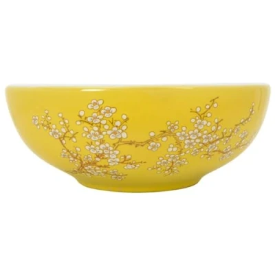 Image of vidaXL Countertop Basin Ceramic Vanity Sink in White and Yellow Round Design with Unique Patterns, Ideal for Bathroom or Powder Room Φ41x14 cm