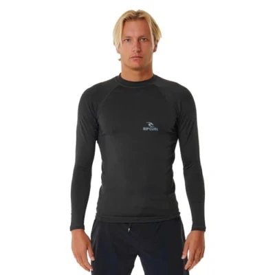 Image of RIP CURL Mens Stack UPF Perf Long Sleeve Rash Vest Top Washed Black UV Sun Protection and SPF Properties