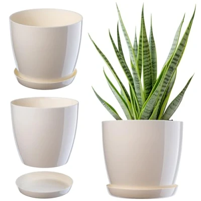 Image of KADAX Plant Pot, Plastic Flowerpot with matching Tray, Indoor Planter in several colours, Lightweight and Waterproof Pot for Office Living Room (⌀20cm, Cream)