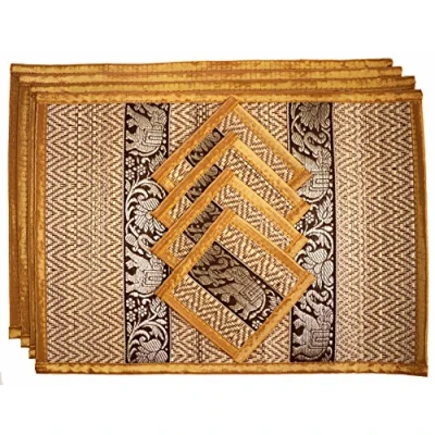 Image of Hand Woven Wicker Reed Placemats and Coaster Set Alternative to Plastic Heat Resistant Thai Style Durable Clean Perfect for Dining Table Décor of 4 (Medium Light Gold)