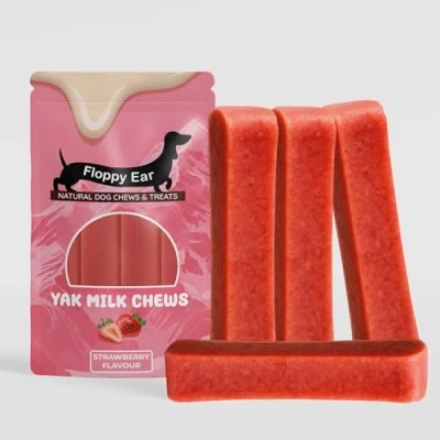 Image of Himalayan Yak Chews for Dogs Strawberry Flavour with Milk Medium (pack of 4) Rich in Protein &amp; Calcium Puppy Friendly Dog Dental Sticks