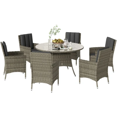 Image of Outsunny 7 Piece PE Rattan Garden Furniture Set, Wicker Outdoor Dining Set with Cushions, Umbrella Hole &amp; Round Glass Top Table, 6 Seater Table and Chairs for Patio, Balcony, Light Grey