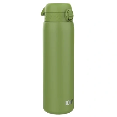 Image of Ion8 Lightweight 1 Litre Steel Water Bottle, Non Insulated, Leak Proof, Easy to Open, Secure Lock, Dishwasher Safe, Flip Cover, Carry Handle, Ideal for Travel &amp; Active Lifestyles, Khaki Green
