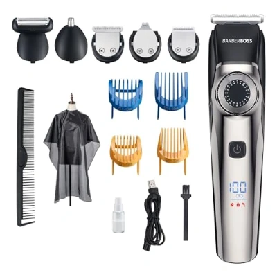 Image of BarberBoss Professional Beard Trimmer Men, Hair Clipper, Waterproof Design, Precision Dial, Grooming Kit Ear &amp; Nose, 39 Cutting Lengths, Comb Attachments, LED Display