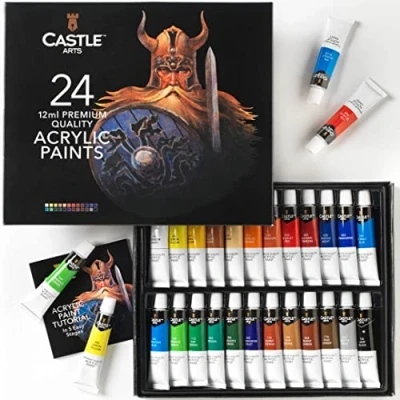 Image of Castle Art Supplies 24 x 12ml Acrylic Paint Set Value Beginner for Starters or Adult Artists Premium Quality Intense Colours Smooth to Use on Range of Surfaces In Neat Presentation Box
