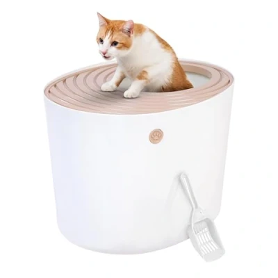 Image of Iris Ohyama Cat Litter Box with Scoop, Up to 7kg, Beige, Top Entry, Tray, Enclosed, For Kitten, High Sided, Hooded, Large, Jumbo, BPA Free, Deep, Easy Clean, PUNT 530