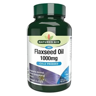 Image of Natures Aid Flaxseed Oil 90 Softgel Capsules High Strength 1000mg Omega 3 6 &amp; 9 Alpha Linolenic Acid Supplement Support for Healthy Blood Cholesterol Vegan Vegetarian Gluten Free Not Gummies Tablets