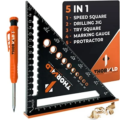 Image of THORVALD 5 in 1 Speed Square 180 mm + Carpenter&#039;s Pencil Multipurpose: Marking Gauge/Protractor/Drilling Jig/Try Aluminium Time Saving Tool
