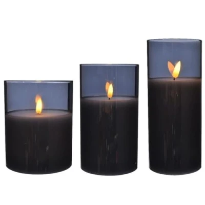 Image of Lumineo Triple Pack Smokey Grey LED Lit Flicker Flame Christmas Candles in Glass Jars with Timer