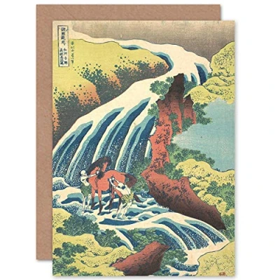 Image of Artery8 Hokusai Waterfall Yoshitsune Wash Horse Yamato Province Sealed Greeting Card Plus Envelope Blank inside