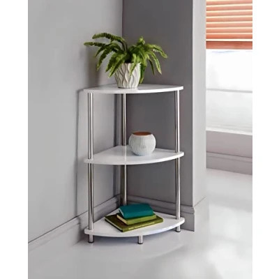 Image of Norsk White Finish 3 Tier Corner Storage Shelves Unit Stainless Steel Legs