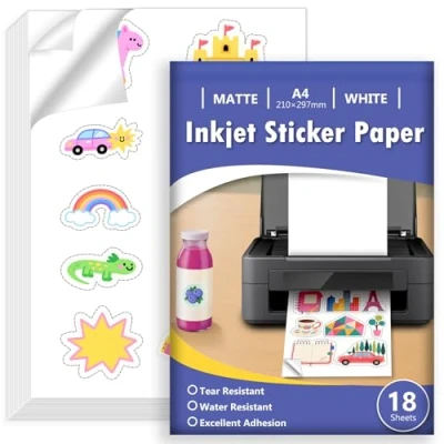 Image of Euqvunn 18 Sheets Sticker Paper for Printer A4, Matte White Waterproof Printable Vinyl Paper, Self Adhesive Full Page Inkjet Printers, Quick Dry, 210x297mm