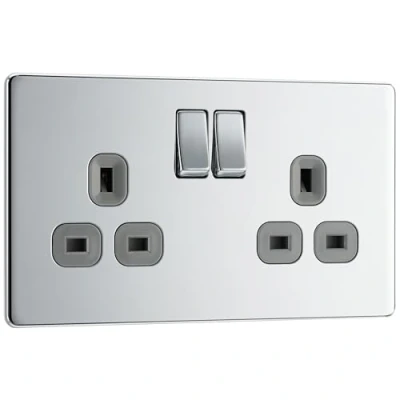 Image of BG Electrical Double Switched Power Plug Wall Socket, Flatplate Screwless, Polished Chrome, Grey Inserts, 13A, FPC22G