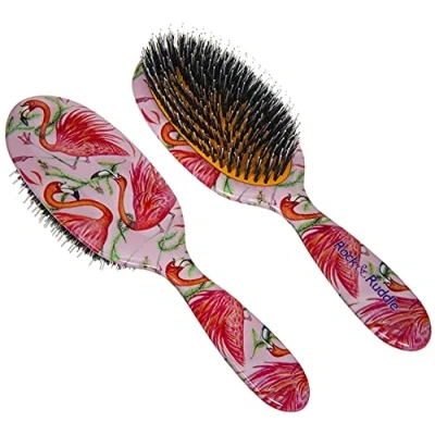 Image of Rock &amp; Ruddle Natural Mixed Boar Bristle Hair Brush for Women and Kids (Small/Travel Size, 17.5cm) Perfect Wet or Dry Hair, Detangling Smoothing Blowdrying Made in UK Flamingos Design