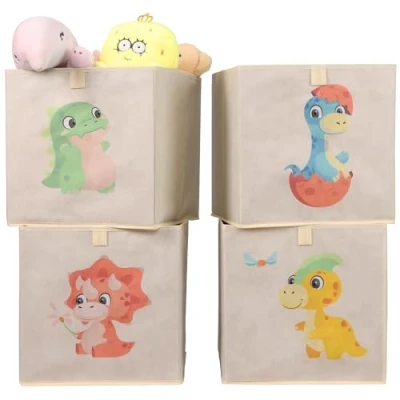 Image of Navaris Toy Storage Boxes Kids Bedroom Cube Baskets w/Pull Out Loop Fabric Collapsible Box Drawers Unit for Shelves Compatible with Ikea Kallax Inserts Set of 4 Dinosaurs