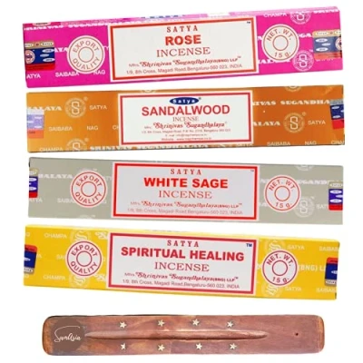 Image of Satya Nag Champa incense Sticks 4 unique and premium flavours Rose, Sandalwood, White Sage, Spiritual Healing comes with SAMASIA holder