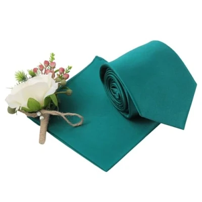 Image of DQT Plain Glossy Satin Polyester Wedding Classic Neck Tie and Pocket Square Set for Men in Teal