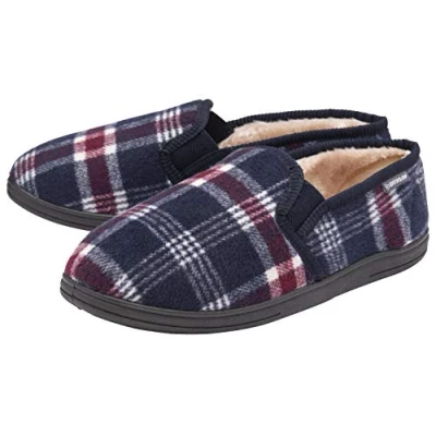 Image of DUNLOP Mens Twin Gusset Full Back Comfy Fur Lined Memory Foam House Slippers with Outdoor Soles (Navy Check, 12)