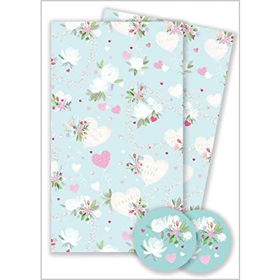 Image of Abacus Cards Wrapping Paper 11365A &quot;Love Heart &amp; Flowers&quot; Gift Wrap Pack with 2 Sheets Tags, Plastic free FULLY RECYCLABLE, multicoloured