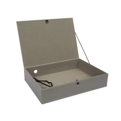Image of OSCO Grey Faux Leather Box File Document Storage Paperwork Archive Lock Spring Secured with Fastening Stud H37.5 x W8 D26.5 cm