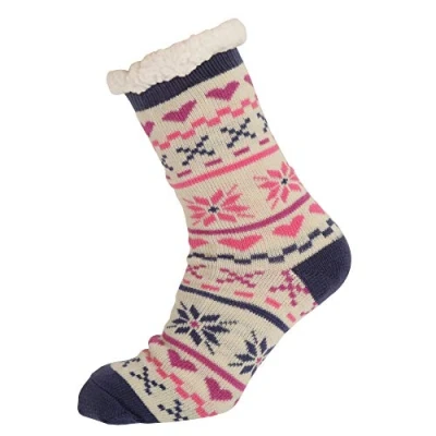 Image of i Smalls Co Zees Women&#039;s Fairisle Design Sherpa Lined Thermal Slipper Socks White/Navy (4 7)