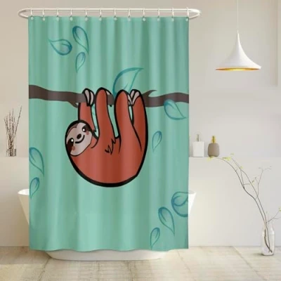 Image of arteneur® Sloth Shower Curtain 180 x 200cm Mould Resistant Fabric, Weighted Hem, Opaque, Waterproof, Washable incl. 12 hooks