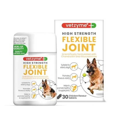 Image of Vetzyme High Strength Flexible Joint Supplements for Senior Dogs (30 Tablets) Hip and Care with Chondroitin Glucosamine, Tasty Chicken Flavour