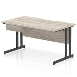 Image of Impulse 1400 x 800mm Scalloped Edge Office Desk Grey Oak Top Black Cantilever Leg Workstation 1 Drawer Fixed Pedestal