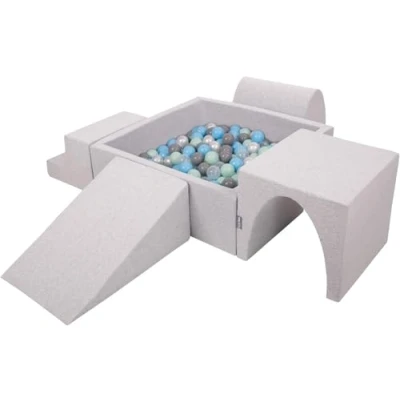Image of KiddyMoon Foam Playground For Kids With Square Ballpit (200 Balls ∅ 7Cm/2.75In) Soft Obstacles Course And Ball Pool Made In EU, Lightgrey:Pearl/Grey/Transparent/Babyblue/Mint