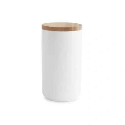 Image of Ceramic Storage Jar with Wooden Lid Sweet Scandi, Air Tight Rubberwood Lid, Container 1x White 10,1 x 18,3 cm